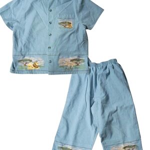 Vintage Light Blue Jumpsuit Set with Safari Embroidery